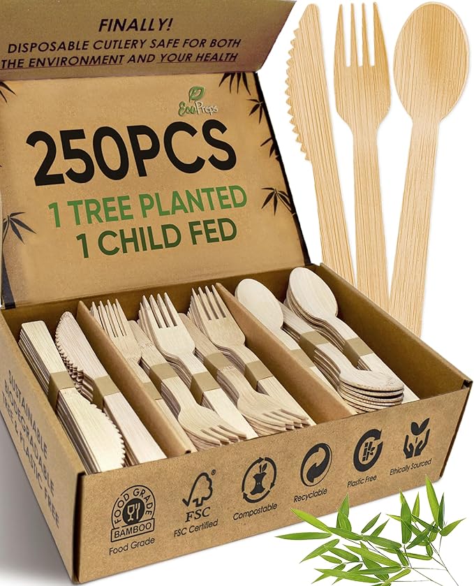 EcoPreps 100% Compostable Bamboo Cutlery Set Eco-Friendly, Biodegradable