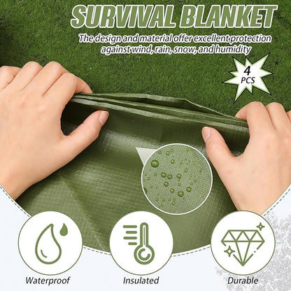 Kanayu 4 Pcs Emergency Thermal Survival Blankets 82 x 60 Inch,Heavy Duty Emergency Poncho Tarp Reusable Waterproof Blanket for Car,Camping,Hiking(Olive Green)
