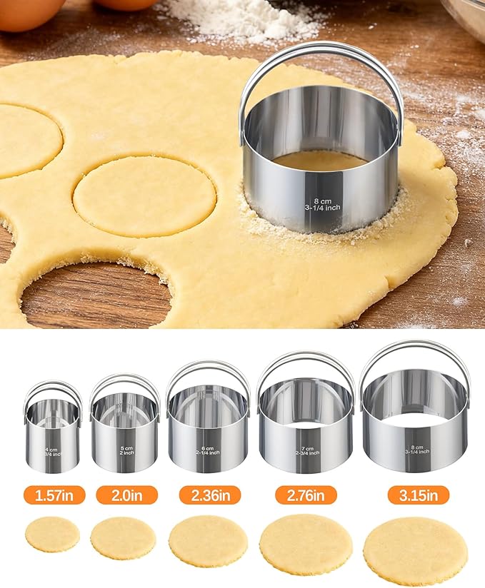 Biscuit Cutter Set with Handle, 5 Piece Stainless Steel Round Cookie Cutter Tool