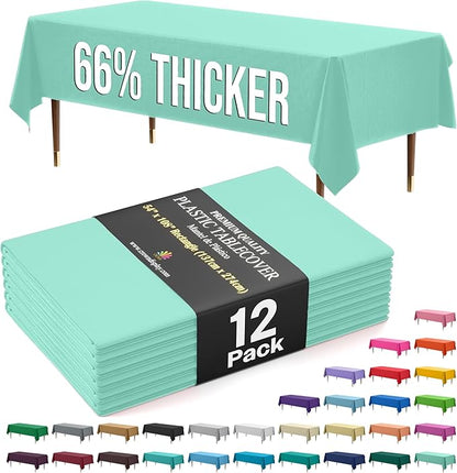 Exquisite 66% Thicker Premium Plastic Table Cloth Rectangle Table Cover 0.5 Mil 12 Pack Mint Table Cloth 54 Inch x 108 Inch Disposable Tablecloth Won't Tear Easily Like Cheap Thin Brands
