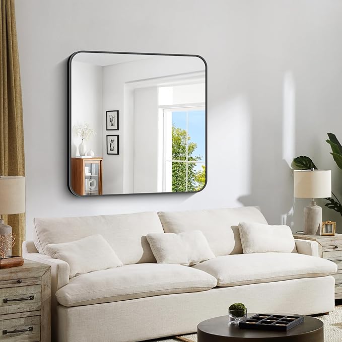 Bathroom Mirror, Metal Frame Rounded Corner Vanity Mirror, Large Wall Mounted