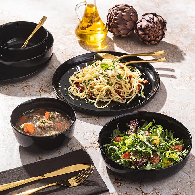 Gibson Home Oslo 12-Piece Porcelain Chip and Scratch Resistant Dinnerware Set, Service for 4 – Black Plates and Bowls, Microwave & Dishwasher Safe