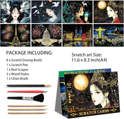 Iskueal Scratch Art Painting Set for Adults – 8 Sheets A4 Rainbow Scratch Paper,Night Scene Engraving Art Kit Creative Craft Art Set for Craft Enthusiasts (Brazilian Statue/Person)