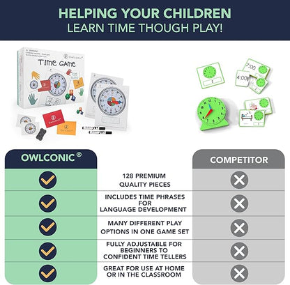 OWLCONIC Learning Time Game - 128 Piece Teaching Aid to Help Kids Learn Analog and Digital Time - Educational Resource Toy for Children - Kindergarten Homeschool Supplies