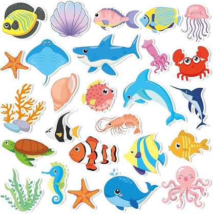 MARFOREVER 50 PCS Sea Animal Window Clings, Ocean Thick Gel Clings Stickers Removable Reusable Jelly Stickers Underwater Fish Shark Turtles Decals for Classroom Nursery Airplane Car Plane Decorations