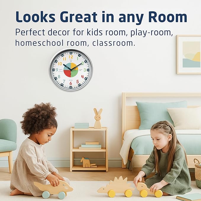 OWLCONIC Non Ticking Analog Clock for Kids Learning to Tell Time, Teaching Clock for Kids Wall, Clocks for Classroom, Homeschool Decor, Bedrooms, Silent, Homeschooling Resource.