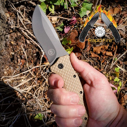 Off-Grid Knives - Rapid Fire Coyote, Large Assisted EDC, Hard Use Construction, Camping and Survival, Cryogenic D2 Blade Steel, Titanium Nitride Coating with G10 Scales, Deep Pocket Carry