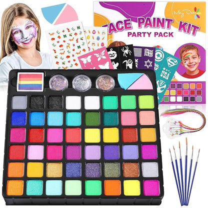 Maydear 48-Color Face Paint Kit for Kids – Washable Makeup with Neon & Metallic Shades, Brushes, Stencils, Rainbow Strip, Hair Extensions & Nail Stickers for Parties & Halloween
