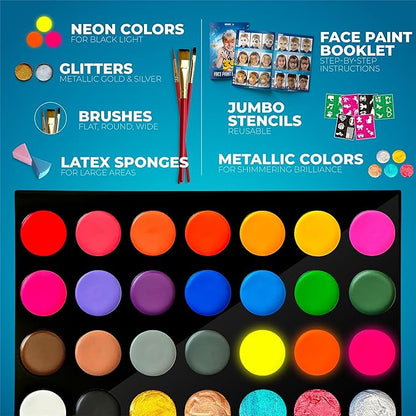 Face Painting Kit for Kids - 28 Colors Professional Face Paint Kit, Non-Toxic and Hypoallergenic, Stencils, Book, Halloween Makeup Kit - Safe and Easy to Use Face Paint Kit for Kids