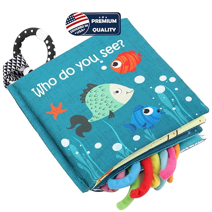 Fish Baby Books Toys, Touch Feel Cloth Crinkle Books for Babies,Baby Infant Toys 0-6, 6-12, 12-18 Months,Early Learning Education Toys,Shower Baby Gifts for Boys Girls,Teething,Mirror,Shark Ocean Book