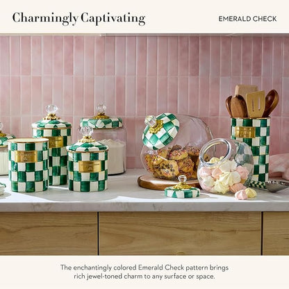 MACKENZIE-CHILDS Enamel Squashed Pot, Cute Enameled Container with Lid, 20 Ounces, Green-and-White Emerald Check