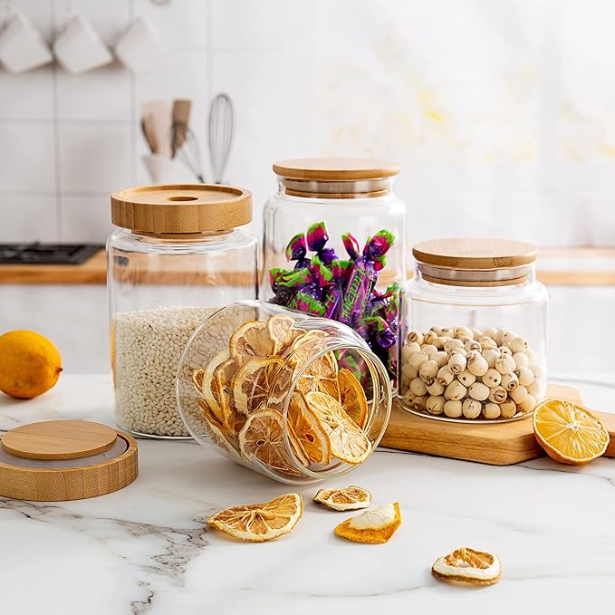 480 ml / 16 oz clear cute glass storage canister holder with airtight bamboo lid, modern decorative small container jar for coffee, spice, candy, salt, cookie, condiment, pepper, sugar