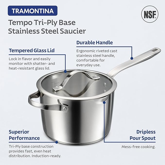 Tramontina Tempo Tri-Ply Base Stainless Steel 4-Quart Sauce Pan