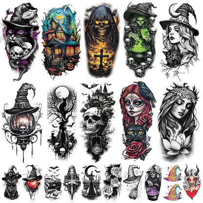 77 Sheets Halloween Temporary Tattoos Adults Women Men Witch Makeup, Death Skull Black Cats Witch Hats Half Arm Halloween Fake Tattoos, Bat Scary Tattoos for Halloween Costume