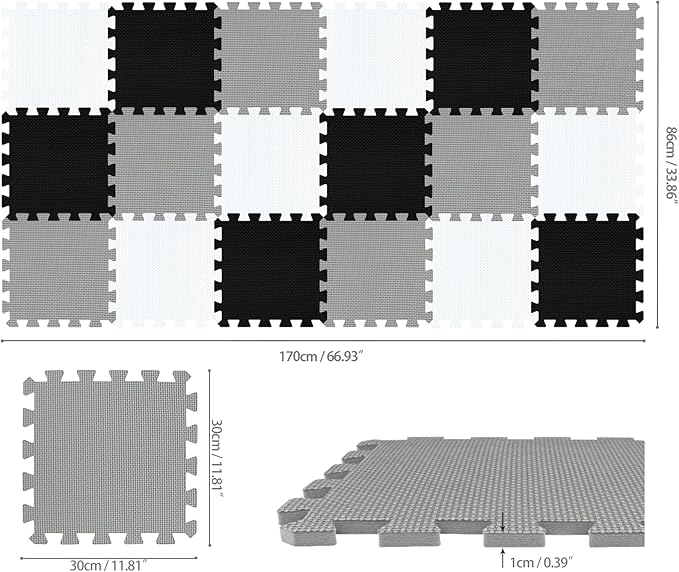qqpp EVA Rubber 18 Tiles Interlocking Puzzle Foam Floor Mats - Baby Play Mat for Playing | Exercise Mat for Home Workout. White, Black, Gray. QC-ADLb18N
