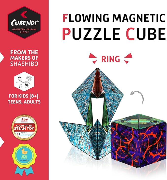 CUBENDI Geometric Origami Puzzle - Infinity Fidget Cube for Adults, Kids & Teens – Mesmerizing & Magnetic Shape Shifting Box w/48 Rare Earth Magnets - by Fun in Motion Toys (Ring)