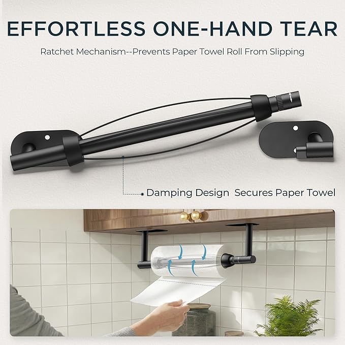 FORIOUS Paper Towel Holder Under Cabinet, One Hand Operable