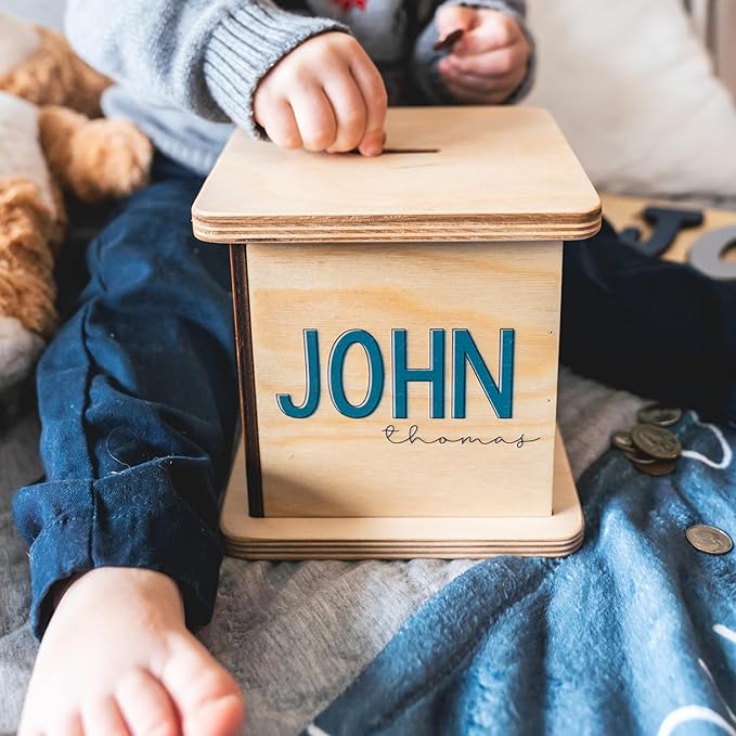 Wooden Piggy Bank for Kids and Adults, Personalized Gift Handmade in USA by BloomOwl, Custom Piggy Bank, Personalized Banks for Kids, Gifts for Baby Boys and Girls (Typography)