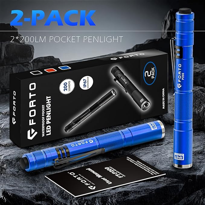 FORTO LED Pen Light, 200 Lumens Pocket Flashlight, IP67 Waterproof, 2 Modes, 2 Pack with AAA Batteries, Lightweight & Durable for Inspection, Medical Use, Emergency(Blue)