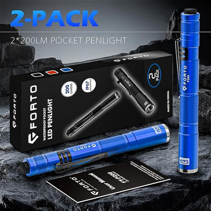 FORTO LED Pen Light, 200 Lumens Pocket Flashlight, IP67 Waterproof, 2 Modes, 2 Pack with AAA Batteries, Lightweight & Durable for Inspection, Medical Use, Emergency(Blue)