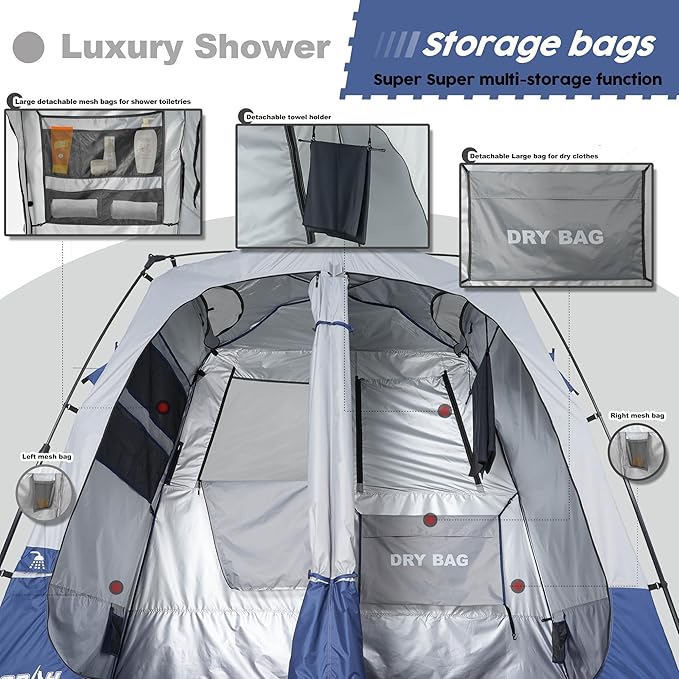 Camping Shower Tent Deluxe Changing Room Easy Set Up Privacy Shelter,Large Toilet Tent with Floor Drain Design for Beach, Camping,Hiking with Stakes and Ropes for Stability