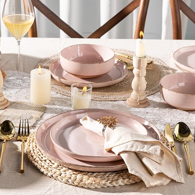 AmorArc Ceramic Dinnerware Sets for 4, 12 Pieces Handpainted Plates and Bowls Set with Rustic Terracotta Underside, Scratch Resistant Stoneware Dishes Set, Dishwasher & Microwave Safe