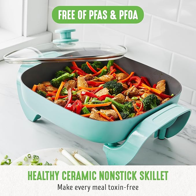 GreenLife 12" 5QT Square Electric Skillet, Glass Vented Lid, Ceramic PFAS-Free