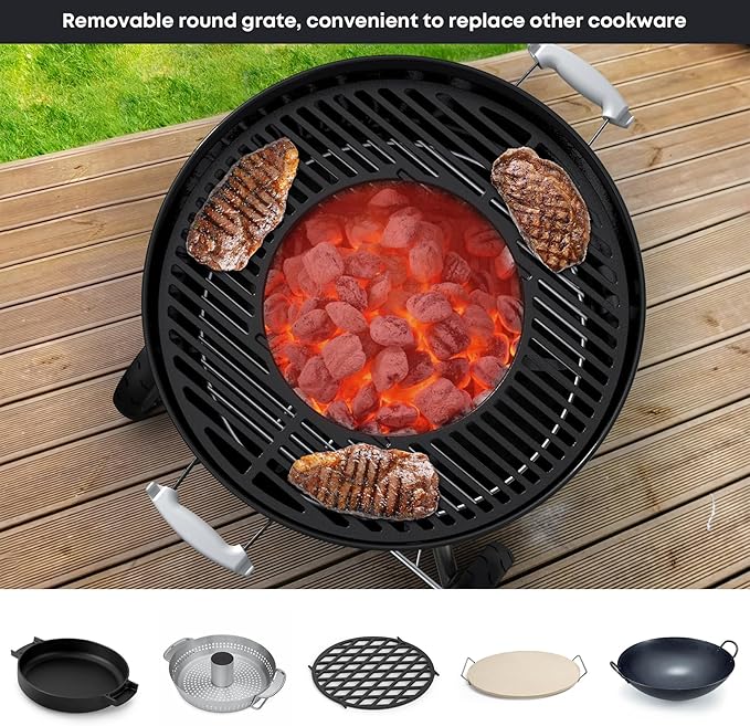Skyflame Charkettle 2-in-1 Cast Iron 21.5 Inch Grill Grate Replacement Gourmet BBQ System, Compatible with Weber 22-1/2 inch Kettle Charcoal Grills
