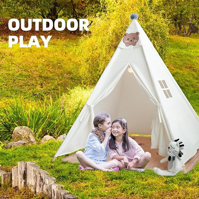 Teepee Tent for Kids-Portable Children Play Tent Indoor Outdoor (White with Mat)