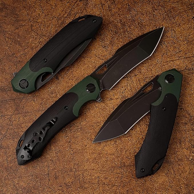 D2 Steel Folding Knife - 9CM Black Tactical Blade, G10 Handle, Pocket Clip - EDC Camping, Survival, Hunting - 60-61HRC, Vacuum Heat Treated, Stonewash Finish