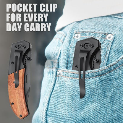 Vickay Pocket Knife, Folding Knife with Clip - 3.54??Steel Blade, Wood Handle EDC Knife for Men & Women, Outdoor Camping, Hunting, Hiking, Fishing - Father?™s Day Gift (Black)