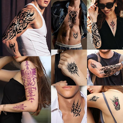 77 Sheets Cyborg Tribal Temporary Tattoo for Women Men, 17 Half Arm Large Skull Butterfly Fake Tattoos, 60 Black Vintage Tiny Adult Kid Body Tattoos Stickers Realistic Waterproof Long Lasting