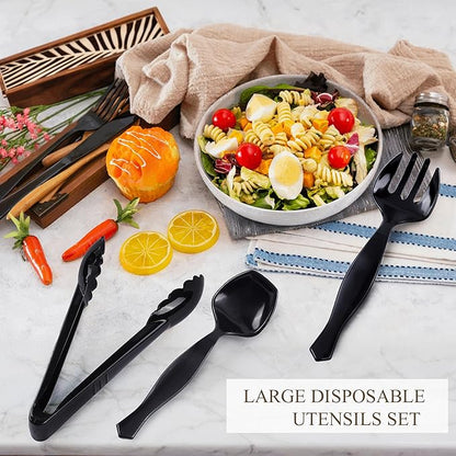 36Pcs Plastic Serving Utensils Set 9'' Large Disposable Serving Spoons Forks Tongs for Serving Food Heavy Duty Black Large Party Utensils Supplies for Buffet Restaurant Dinner Salad Noodles Soup