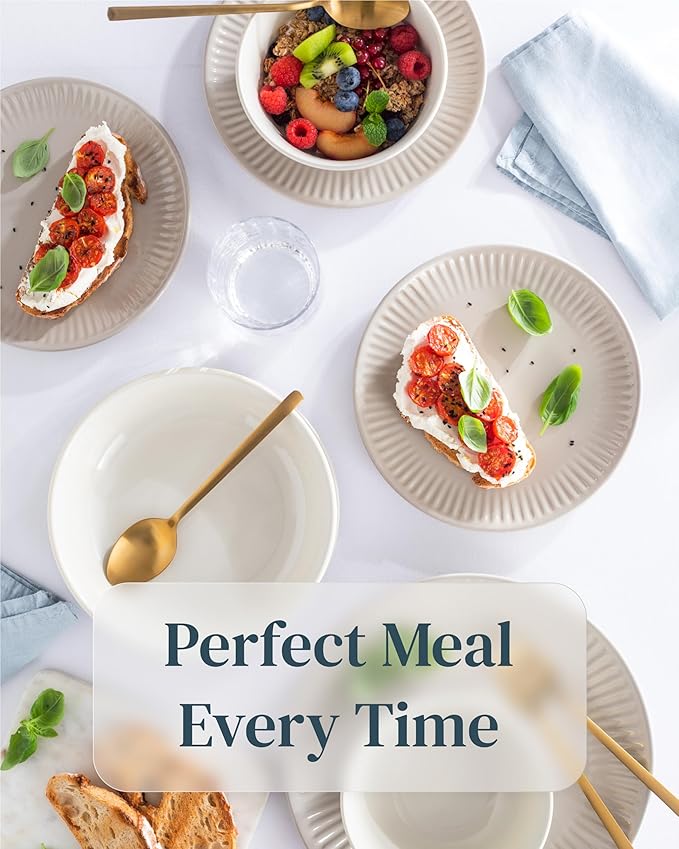 Stoneware Dinnerware Set for 8 People HYGGE 32-Piece - Elegant Scandi Design - Premium Dish Set - Bowl and Plate Set - Tableware for 8 People in a Ribbed Design - Pure Living in Light Brown