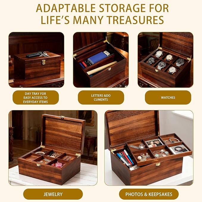 Large Wooden Storage Box with Adjustable Tray, 12.5 IN Acacia Wood Keepsake Box with Lid for Storage Trinkets, Jewelry, Card, Photo, Wooden Decortive Case for Home 12.5x9.4x6.1 IN -WB006-X Large
