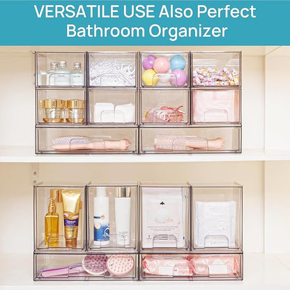 Vtopmart 7.6" H Clear Stackable Storage Drawers, 4 Pack Plastic Organizers Bins