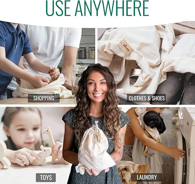 Cotton Storage Bags ??X-Large 14x17 Inch (6-Pack) ??Reusable Muslin Bags with Drawstrings ??Biodegradable Canvas Fabric Sacks ??Perfect for Bread, Bulk Produce, Potatoes, Onions, Shoes