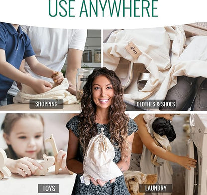 Cotton Storage Bags ??X-Large 14x17 Inch (6-Pack) ??Reusable Muslin Bags with Drawstrings ??Biodegradable Canvas Fabric Sacks ??Perfect for Bread, Bulk Produce, Potatoes, Onions, Shoes