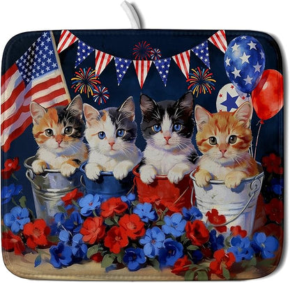 4th of July Dish Drying Mat Patriotic Cats Dish Drying Rack Mat