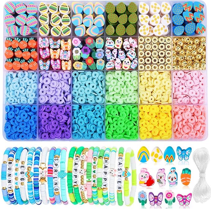 2480pcs Easter Polymer Clay Beads Bracelet Making kit, 24 Style Cute Fun Beads Charms for Jewelry Necklace Earring Making DIY Accessories for Women Girls