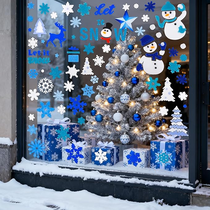 Christmas Window Clings Gel Blue and White Snowflake Snowman 6-Piece Set, Christmas Decorations for Glass Windows and Wall, Winter Glitter Snowflake Window Clings, School Home Xmas Party Decorations