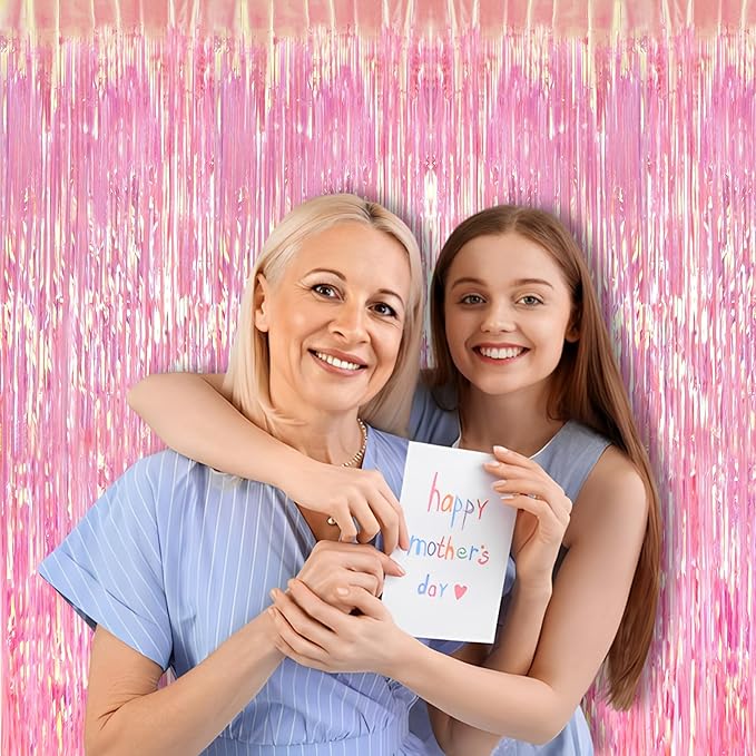 BRAVESHINE Clear Pink Streamers Party Decorations Iridescent Foil Fringe Backdrop - 2 Pack 3.2 x 6.5 ft Holographic Tinsel Curtain Party Photo Backdrop for Valentine’s Girl Birthdays Engagement Decor