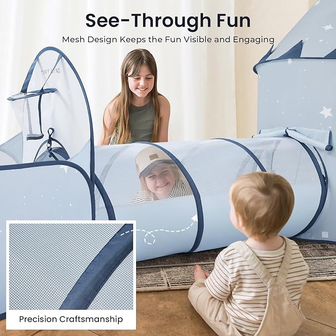 Tiny Land 3-in-1 Baby Tunnel for Toddlers with Ball Pit & Play Tent, Pop Up Crawl Tunnel for Kids, Indoor/Outdoor Play Tunnel, Foldable Baby Crawling Tunnel Toy (Blue)