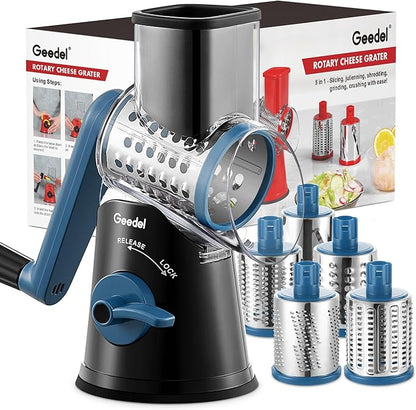 Geedel Rotary Cheese Grater Cheese Shredder - Upgraded 5-in-1 Cheese Grater with Handle and Strong Suction Base, Multi-purpose Vegetable Slicer Ice Shaver Nuts Grinder for Ice, Vegetables, Fruit, Nuts