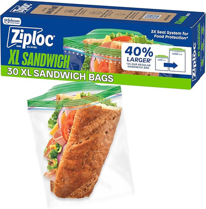 Ziploc XL Sandwich and Snack Bags with EasyGuide Texture, Plastic Storage Bags with Grip 'n Seal Technology, 30 Bags Total