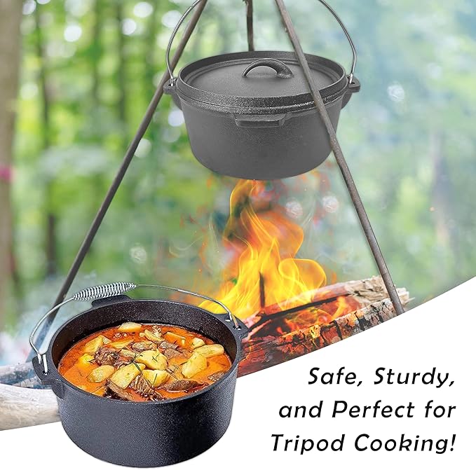 Cuisiland 4.5QT Cast Iron Dutch Oven with Lip Lid & Bail Handle – Pre-Seasoned Camping Pot for Outdoor Cooking, Roasting, and Baking – Heavy-Duty Campfire Cookware with Even Heat Distribution