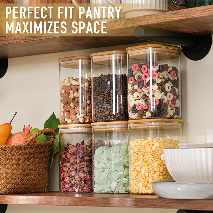 37oz Airtight Glass Square Storage Canister with Bamboo Lid Set of 4 (1100ml) Container Stackable Jar, Kitchen Canister for Pantry Noodles, Flour and Coffee beans (‎with Black Lable)