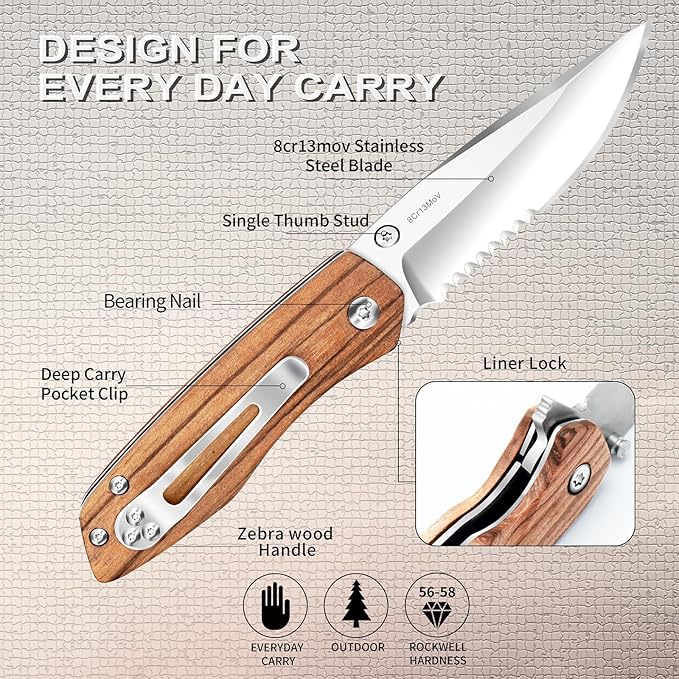Vickay Folding Pocket Knife for Men & Women, 2.95" 8Cr13MoV Half-Serrated Steel Blade, Wood Hanlde EDC Knife with Clip, Liner Lock Knife for Camping, Hunting, Tactical, Survival and Father's Day Gift