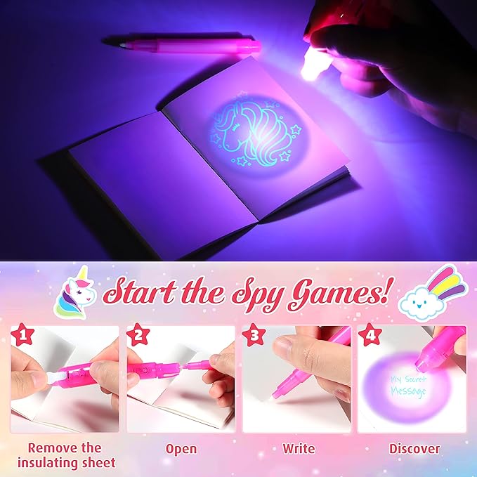 GIFTINBOX Unicorn Party Favors for Kids 4-8, 24Pack Invisible Ink Pen and Notebook, Invisible Ink Spy Pen with UV light for Kids, Classroom Prize Goodie Bag Stuffers Unicorn Toys for Kids Girls