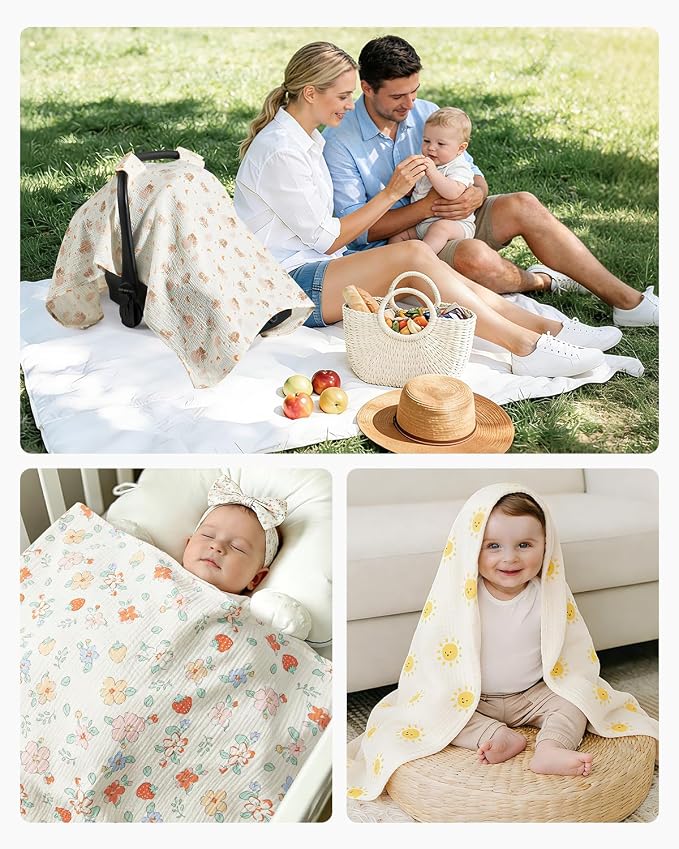 100% Muslin Cotton Car Seat Cover for Baby, Soft Breathable Car Seat Canopy, Universal Infant Carseat Cover Sun Protector, Lightweight Summer Stroller Cover for Boys Girls - Strawberry